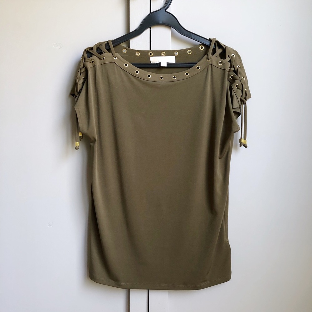 Michael Kors olive and gold eyelet lace up top